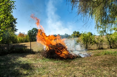 Large burning pile of dry branches during seasonal yard cleanup