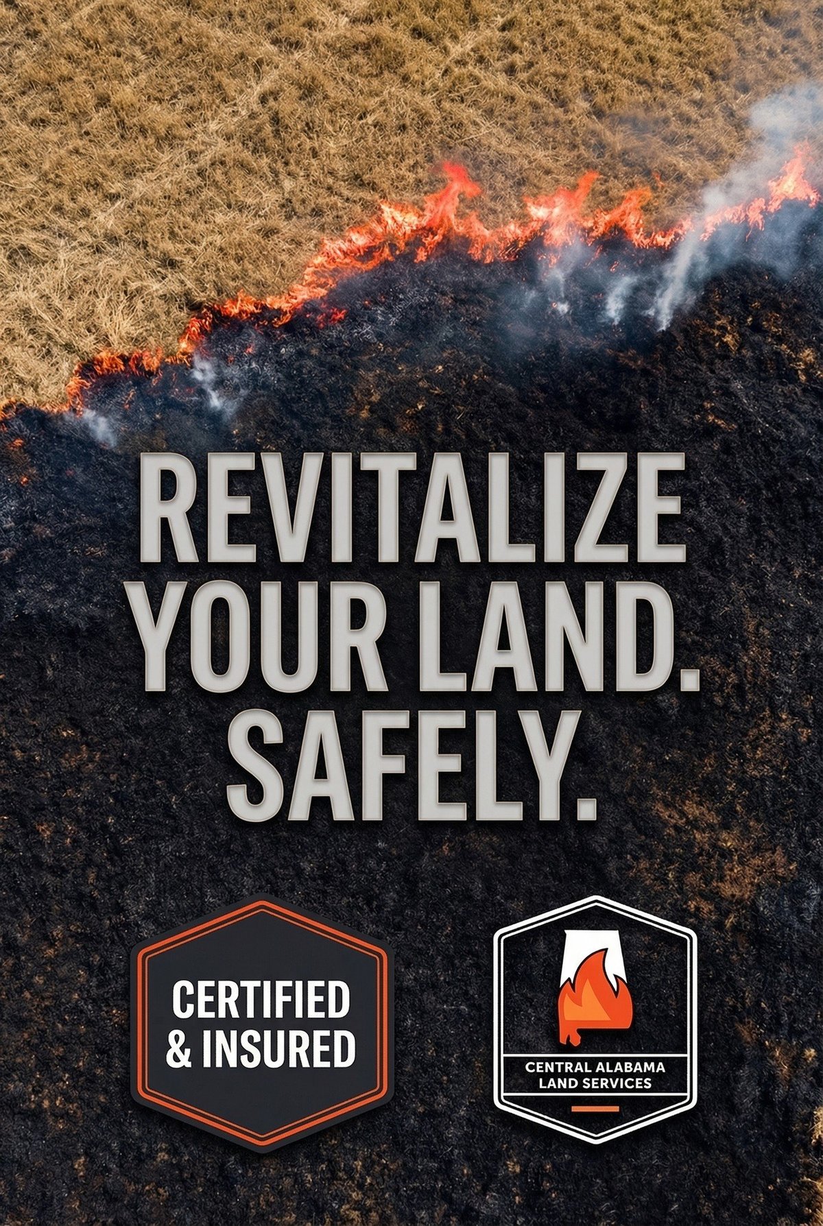 Controlled burn on dry grassland with orange flames and text reading Revitalize Your Land. Safely. with certified and insured logos