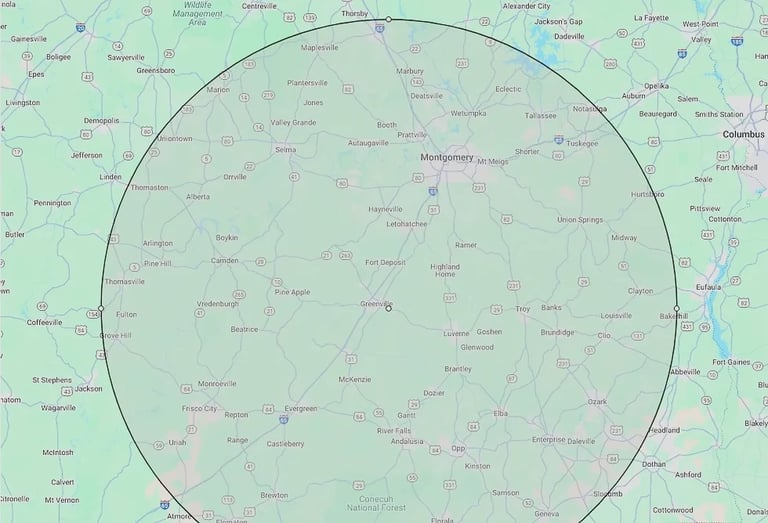 Map of Alabama region with a large circle overlay marking a coverage area or service radius