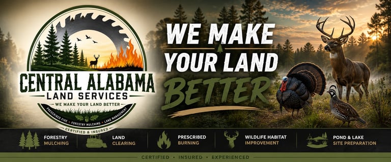 Central Alabama Land Services logo with tagline We Make Your Land Better, featuring deer and forest landscape with service icons