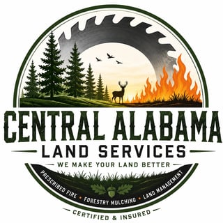 Central Alabama Land Services logo featuring forest, wildlife, wildfire, and saw blade imagery with text describing prescribed fire, forestry mulching, and land management services