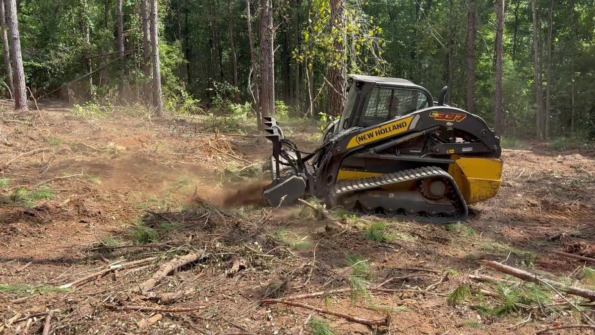 Yellow and black skid steer loader clearing brush and debris in a forested area with trees in background